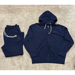 Polo Ralph Lauren Navy 2-Piece Fleece Sweatsuit Zip Hoodie & Pants Mens Size XL